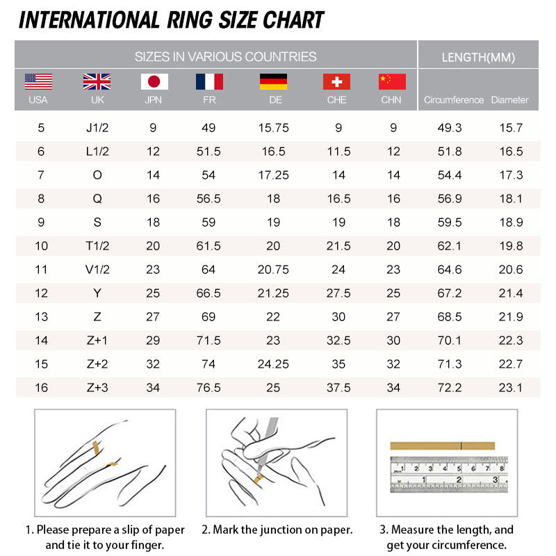Cinnabar Om Mani Padme Hum Blessing Ring – international ring size chart for reference, sizing guide with measurement instructions