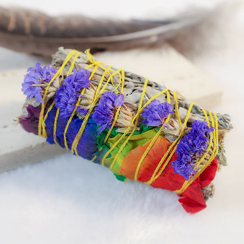 Smudge Stick Set with Abalone Shell - Close-up of rainbow flower sage bundle, smudge stick