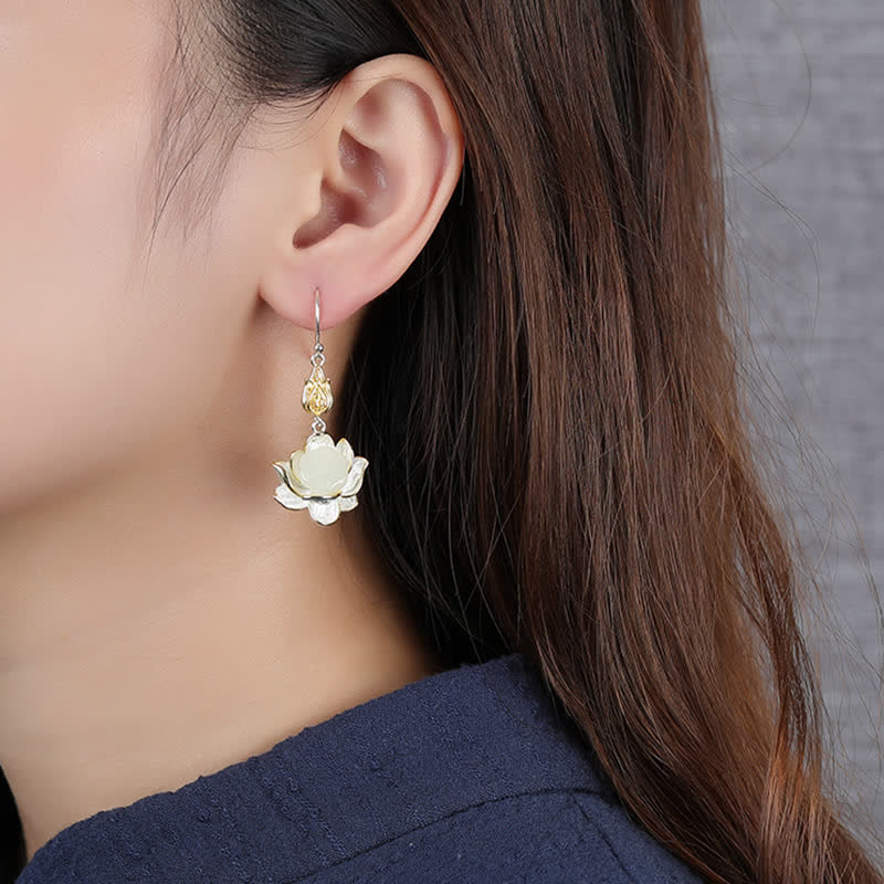 White Jade Lotus Drop Earrings