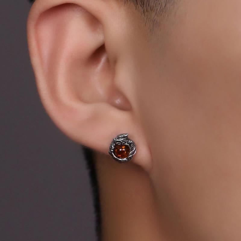 Sterling Silver Amber Dragon Earring – amber-orange cabochon with coiled dragon bezel, Mens style
