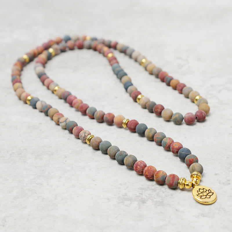Picasso Jasper 108 Mala Bracelet - elongated loop as necklace with lotus pendant, jasper mala