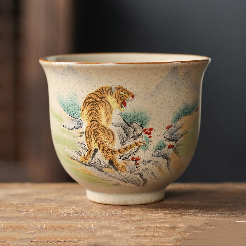 Chinese Zodiac Ceramic Teacup - 130ml tiger zodiac cup with size specs, traditional porcelain