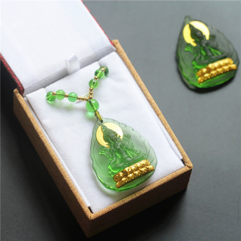 Green Tara Crystal Protection Necklace – pair of pendants displayed in open jewelry boxes, gift set