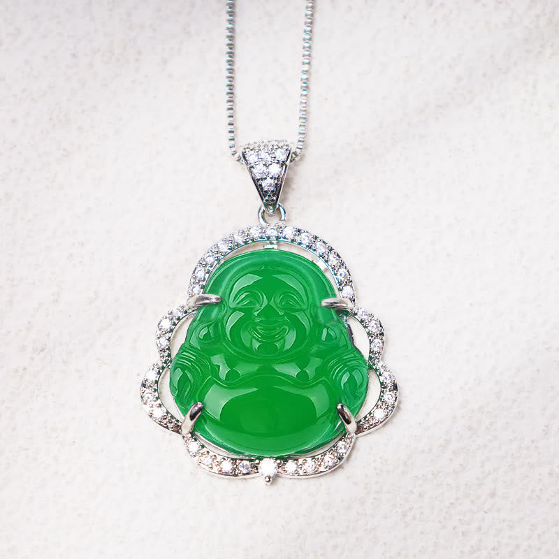 Jade Laughing Buddha Luck Necklace – green jade laughing Buddha in silver diamond setting white background, studio