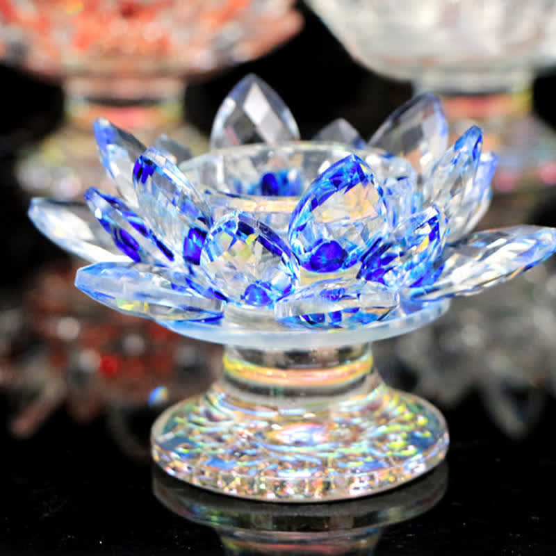 Lotus Flower Crystal Candle Holder - clear crystal with blue glow, tranquil decor