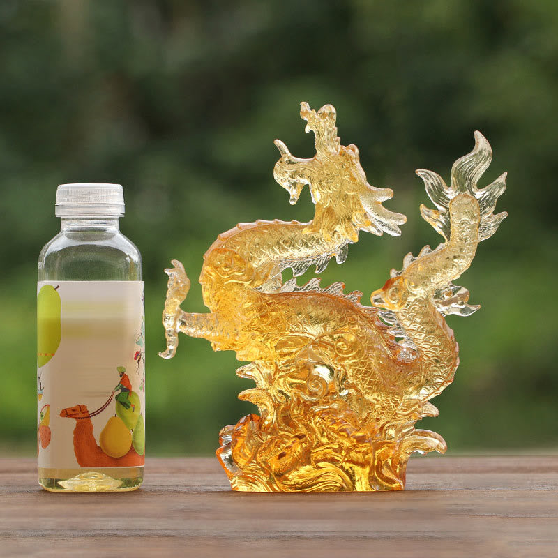 Chinese Zodiac Yellow Dragon Liuli Art Piece - full dragon sculpture with bottle for scale reference, feng shui decor