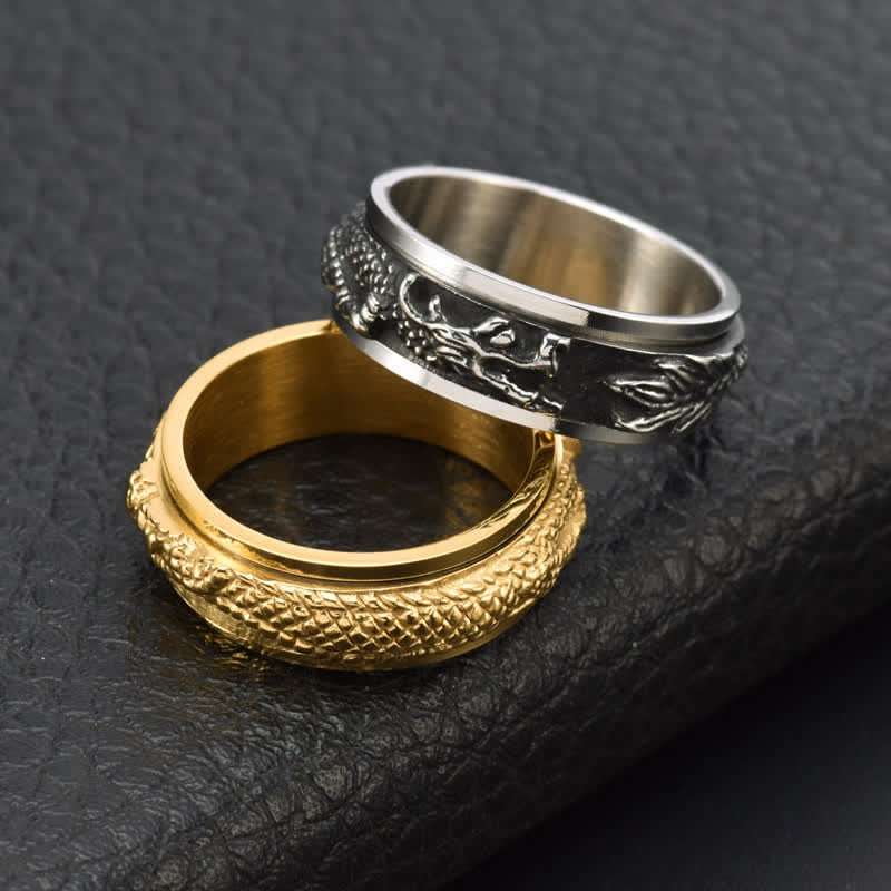Dragon Titanium Steel Ring – Gold and silver dragon spinners stacked, balanced