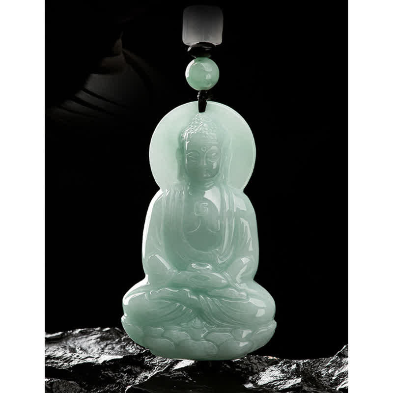 Amitabha Buddha Jade String Necklace - Dark rocky surface with backlight emphasizing jade glow