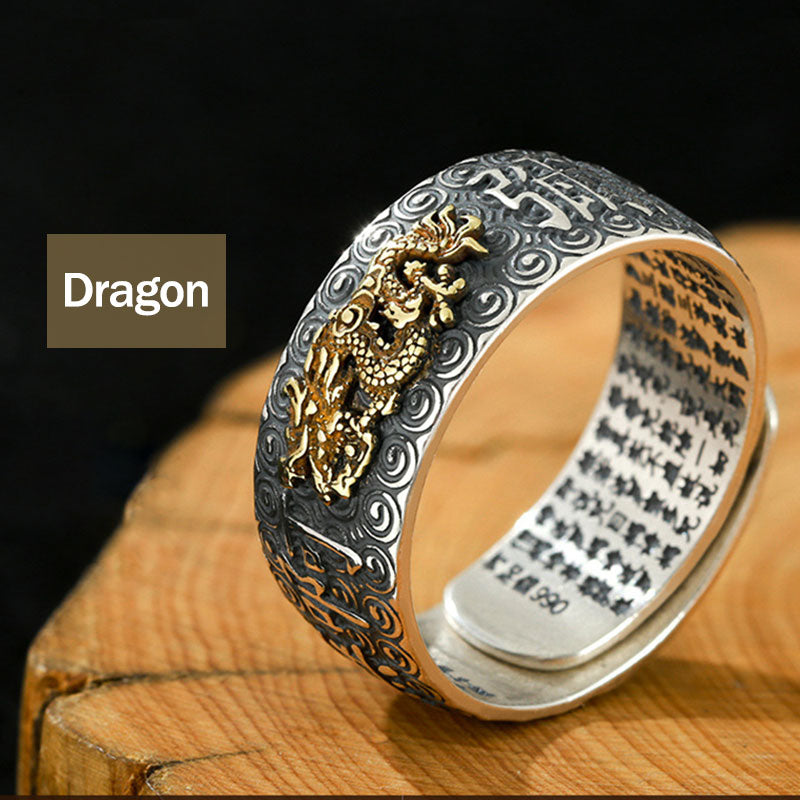 Natal Buddha Ring - Gold dragon motif ring on wood with cloud engravings, Powerful