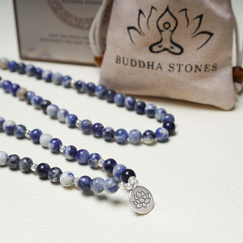 Blue Aventurine Lotus Peace Bracelet – 108-bead blue stone mala necklace with silver lotus pendant and gift pouch, meditation jewelry
