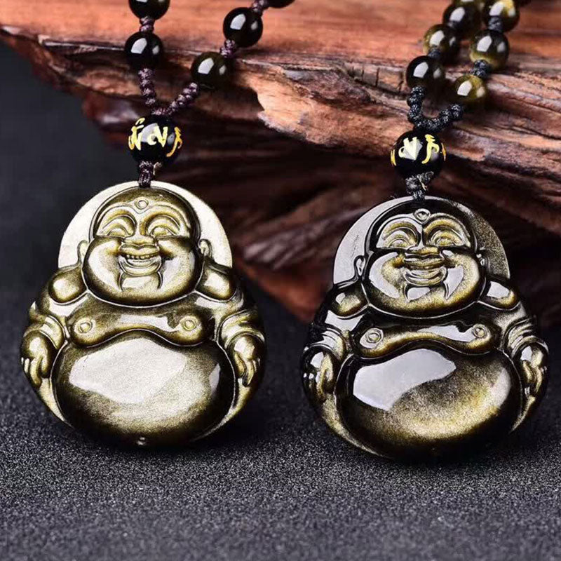 Gold Sheen Obsidian Laughing Buddha Pendant – pair of pendants with gold flash side by side on wood, duo
