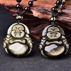 Gold Sheen Obsidian Laughing Buddha Pendant – pair of pendants with gold flash side by side on wood, duo