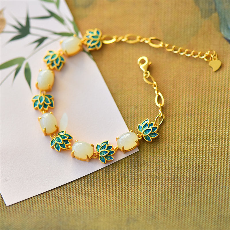 White Cyan Jade Lotus Bracelet - Adjustable chain with extender on gold fabric, bamboo print, artisan jade
