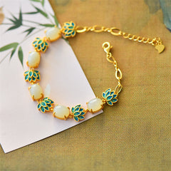 White Cyan Jade Lotus Bracelet - Adjustable chain with extender on gold fabric, bamboo print, artisan jade