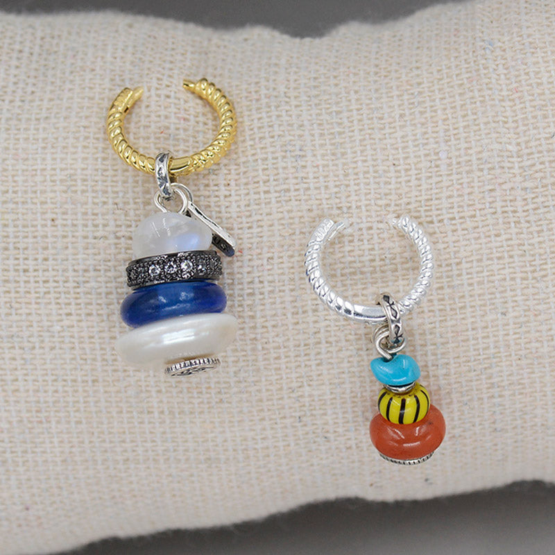 Zen Cairn Crystal Pendant – mismatched charm hoop earrings with turquoise moonstone beads, artisan earrings