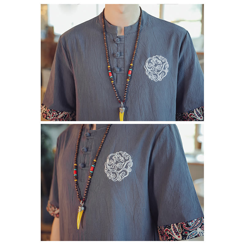 Dragon Embroidery Frog-Button Linen Tang Suit Shirt - Gray on mannequin with beaded necklace, bohemian
