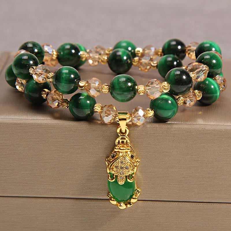 Tiger Eye Pixiu Fox Money Bag Bracelet - green tiger eye Pixiu charm double strand bracelet in luxury gift box, emerald cat eye beads with champagne crystal accents and gold-plated Pixiu pendant