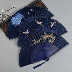 Folding Fan Set – Three navy fans with peony, crane, and plum blossom designs, bamboo folding fan