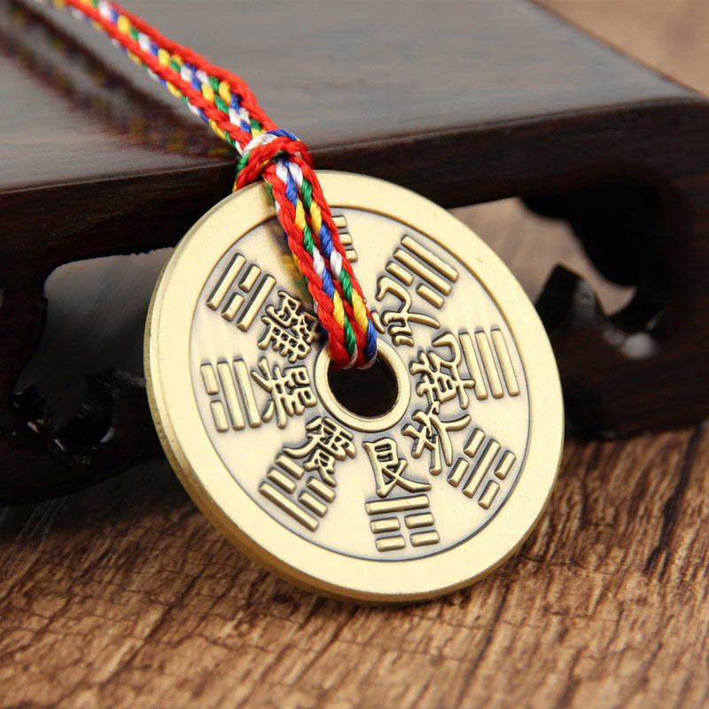 Taoist Yin Yang Copper Protection Amulet - Zodiac coin with twelve animals, Chinese zodiac pendant