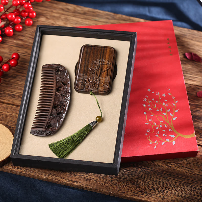Green Sandalwood Rosewood Lotus Engraved Soothing Comb Set – Chacate Preto Wood-Double Butterfly+Lotus Square Mirror, clos...