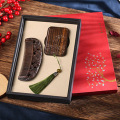 Green Sandalwood Rosewood Lotus Engraved Soothing Comb Set – Chacate Preto Wood-Double Butterfly+Lotus Square Mirror, clos...