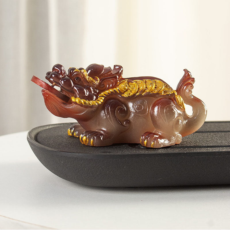 PiXiu Coin Tea Pet – Red-brown reclining PiXiu on black tea tray with white curtain background
