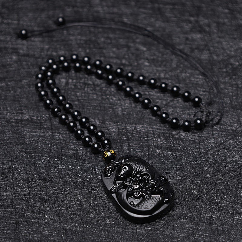 Black Obsidian Koi Fish Lotus Beaded Necklace – clasp and finishing beads close-up, handmade jewelry craft