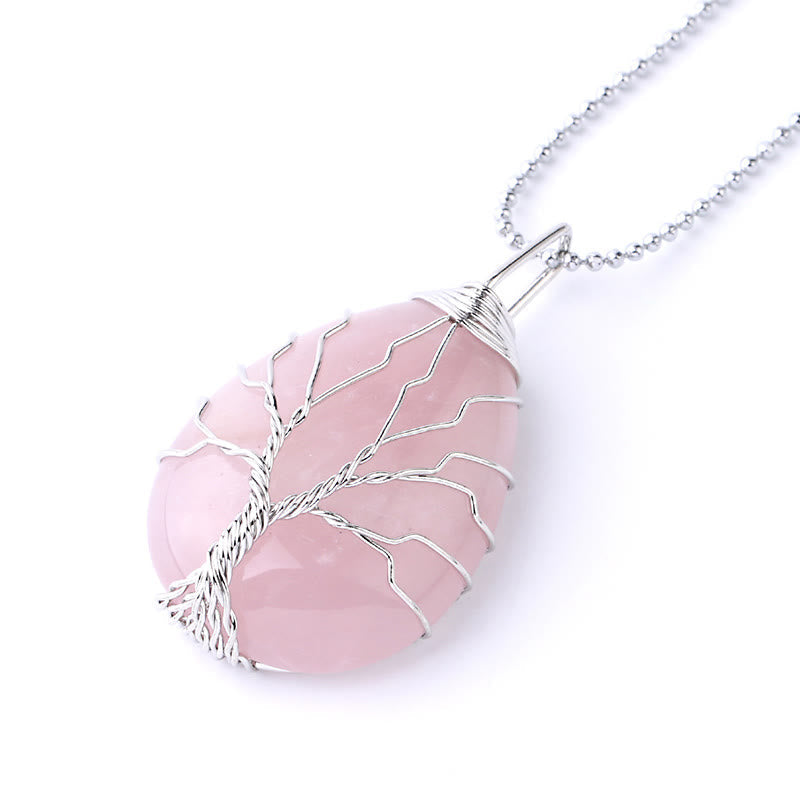 Quartz Crystal Tree of Life Necklace – rose quartz pendant, silver wire tree, three-quarter, love compassion