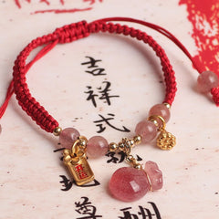 Pulsera de hilo rojo con cuarzo fresa, amuleto de la suerte y flor de loto | Amor y Sanación
