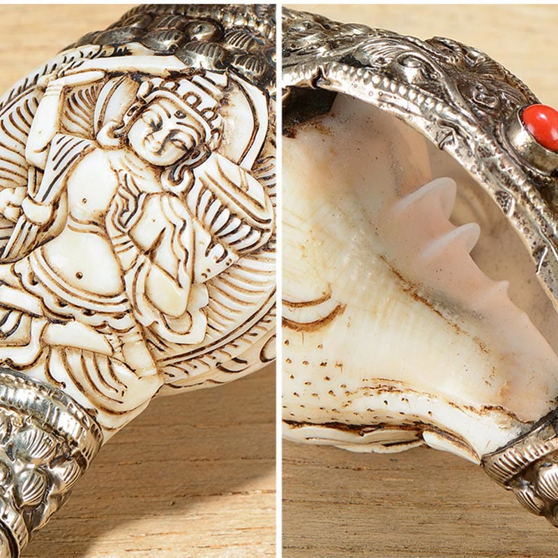 Engraved Shankha Positive Conch – rear view with positive mantra wheel design, spinning prayer border