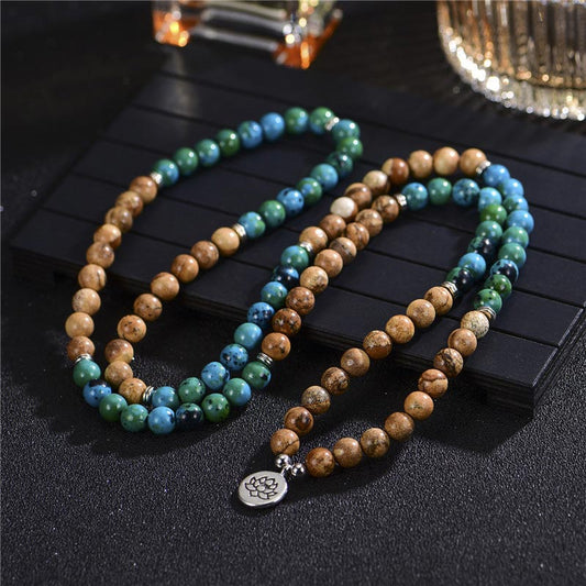 108 Meditation Healing Multilayer Mala – Layered bead loops on dark wood with lotus pendant, crystal healing
