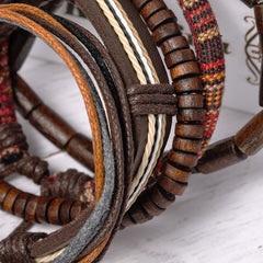 Red Sandalwood Hemp Leather Wrap Bracelet – layered leather cords wooden beads and tartan fabric, macro close-up detail