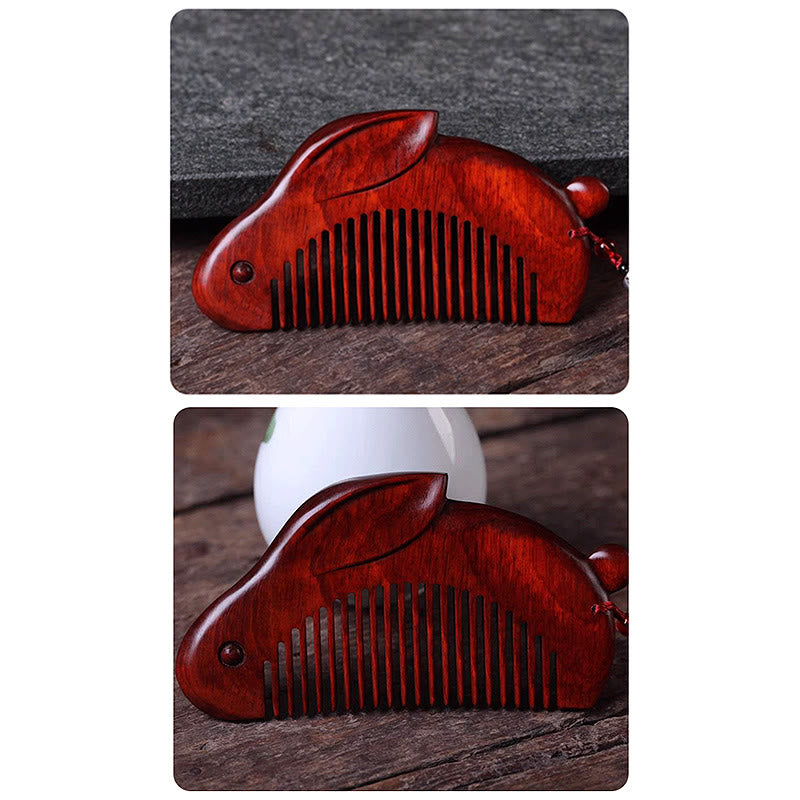 Split image of red sandalwood bunny comb from two angles on wooden surface