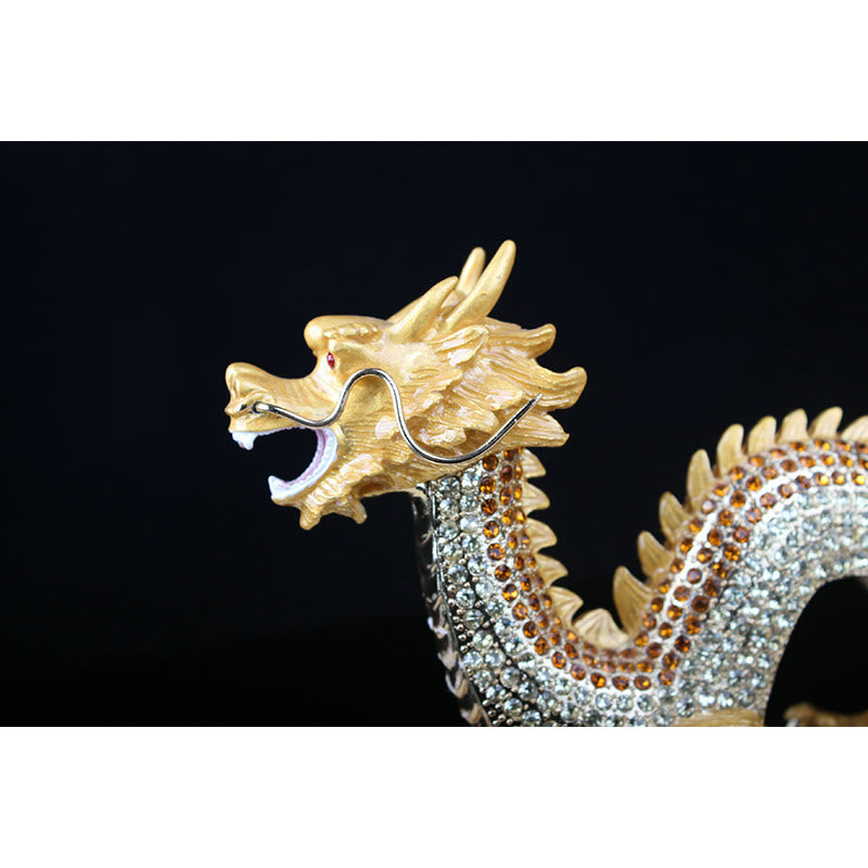 Handmade Feng Shui Dragon Decoration – Gold dragon head close-up, open mouth with ruby eyes, crystal pavé detail, Ornate