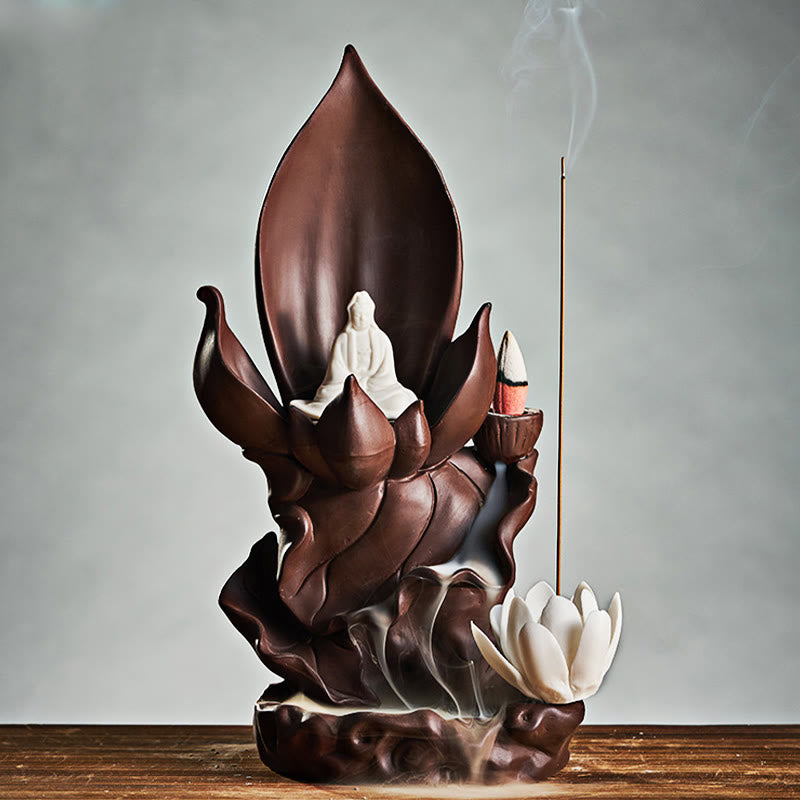 Lotus Buddha Avalokitesvara Purple Clay Incense Burner – detail of Avalokitesvara face lid, compassionate sculpture