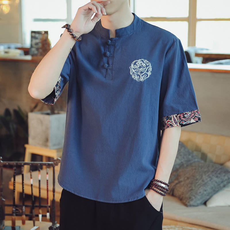 Dragon Embroidery Frog-Button Linen Tang Suit Shirt - Navy linen with embroidered cuffs, heritage