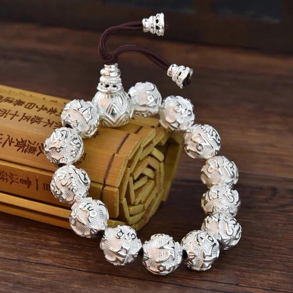 Om Mani Padme Hum Bracelet – Silver beads on bamboo scroll with sutra text, amulet jewelry