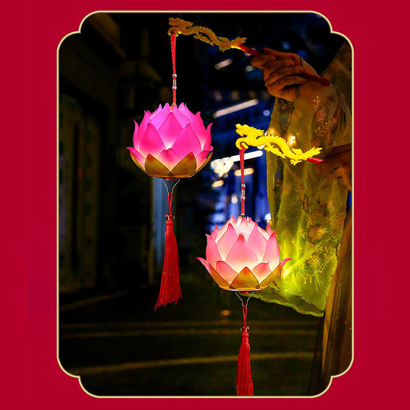 DIY Lotus Dragon Lantern Tassel Lamp – Pink lotus pendant on white background with dragon rod and tassel, Clean product view