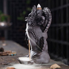 Dragon Buddha Incense Burner - Side angle of Buddha figurine with dragon base, meditation