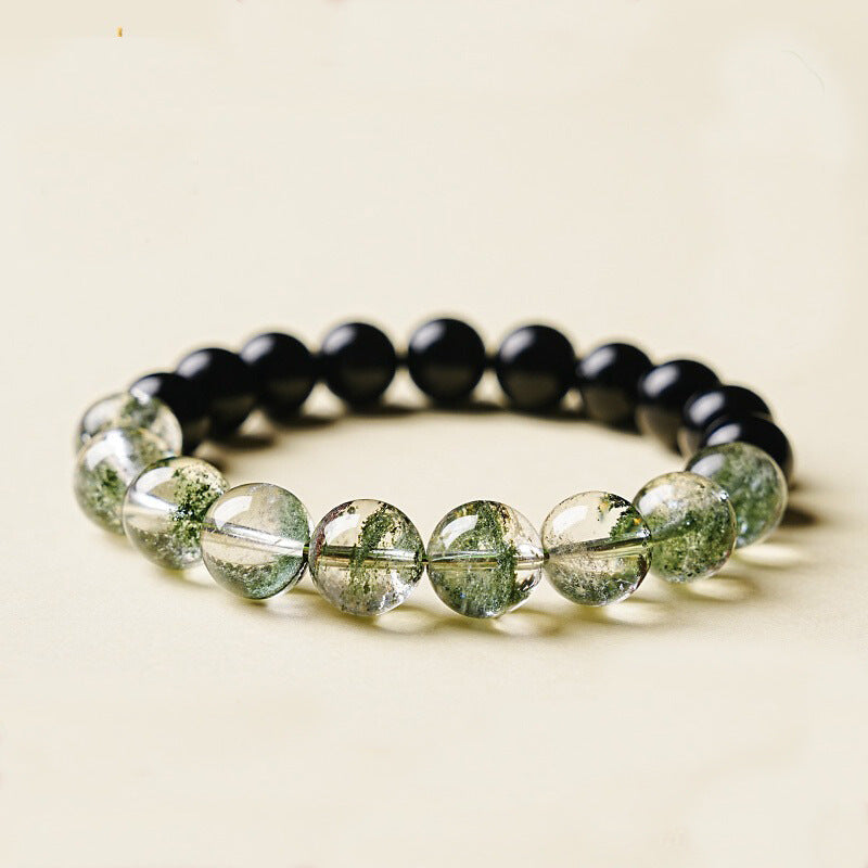 Obsidian Green Phantom Bracelet – low angle close-up of green phantom quartz and obsidian beads