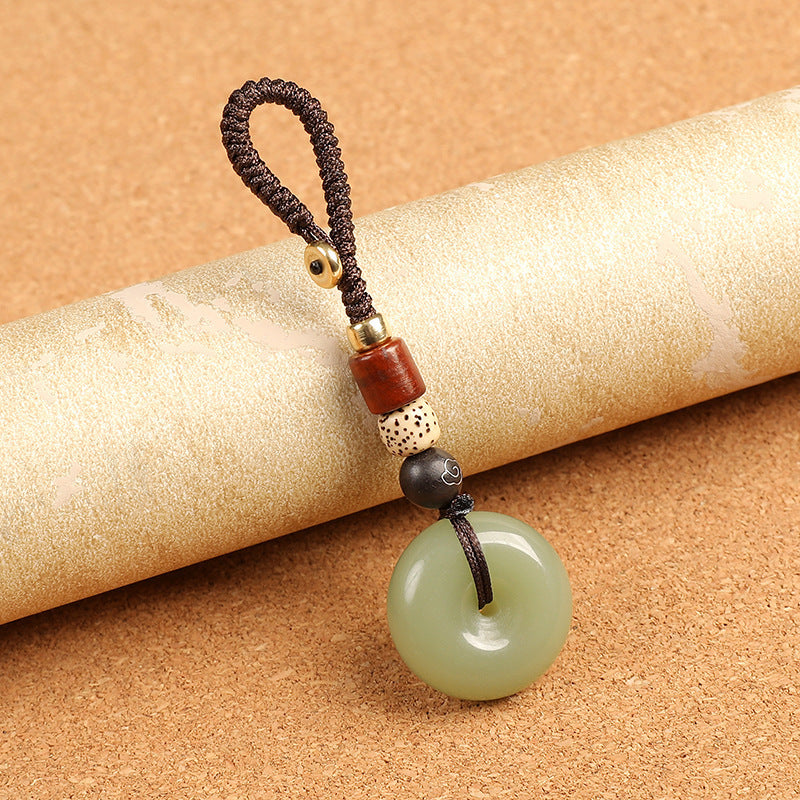 Natural celadon agate ping an kou peace buckle keychain detailed view