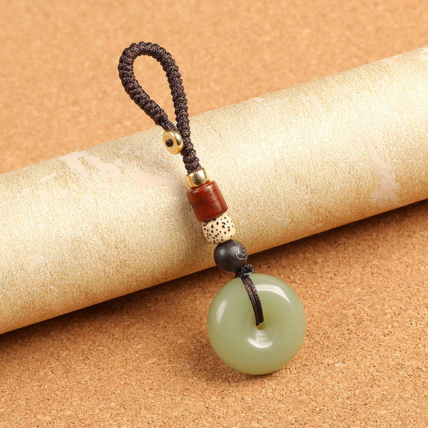 Natural celadon agate ping an kou peace buckle keychain detailed view