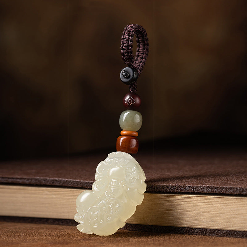 Jade Pi Xiu Keychain for Wealth and Car Protection, detail shot, lucky charm
