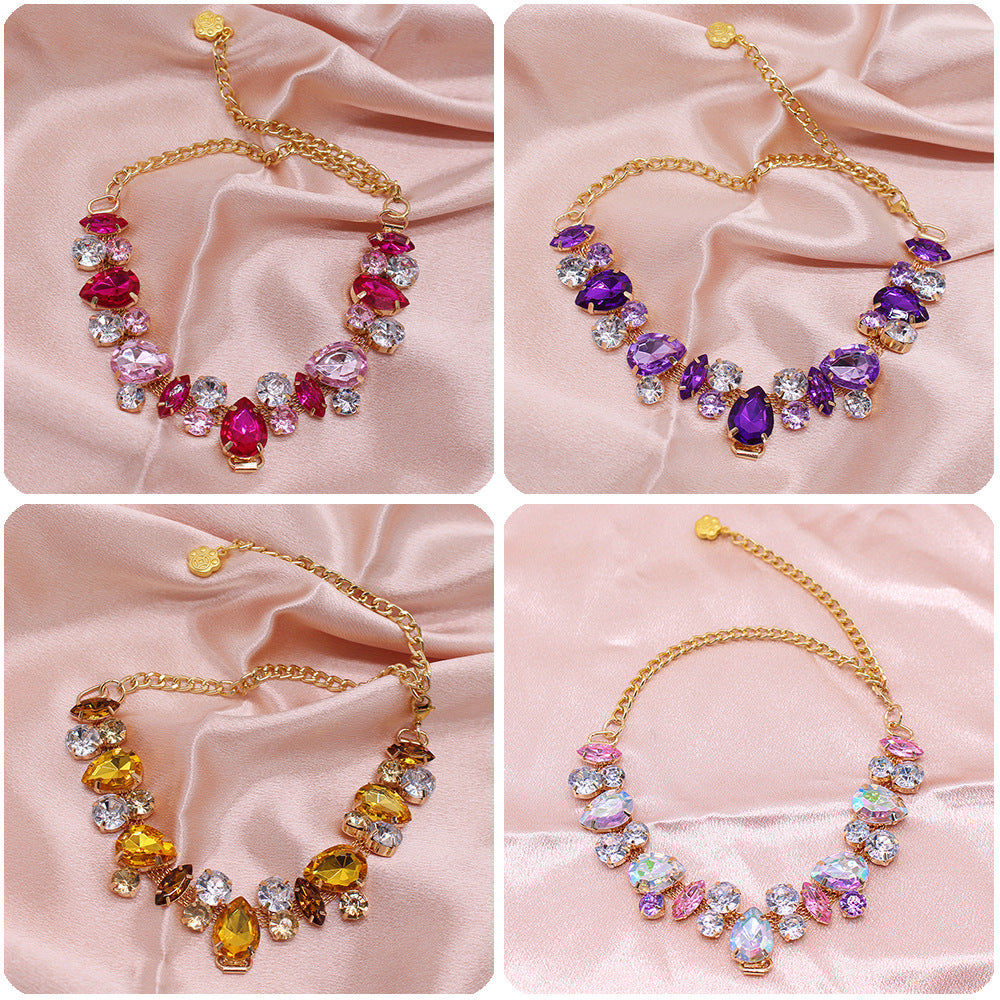 Princess Crystal Pearl Pet Collar – four crystal collar variants pink purple iridescent gold, 2x2 grid