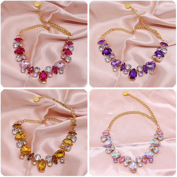 Princess Crystal Pearl Pet Collar – four crystal collar variants pink purple iridescent gold, 2x2 grid