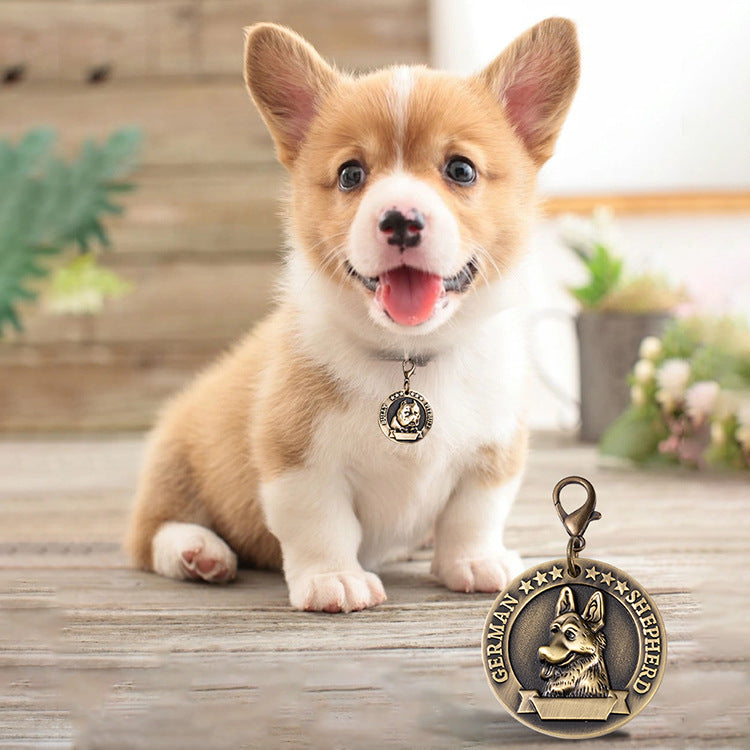 Vintage German Shepherd Dog Tag – Antique bronze 3D relief medallion with Corgi puppy, personalized pet ID