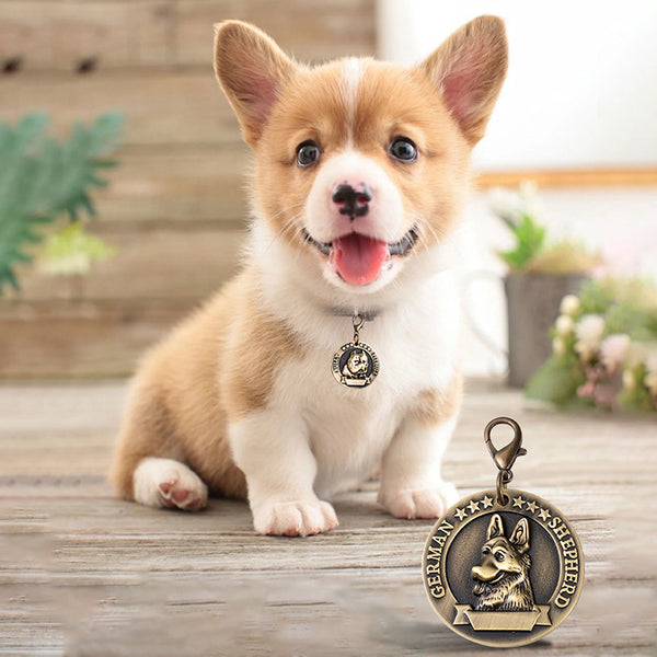 Vintage German Shepherd Dog Tag – Antique bronze 3D relief medallion with Corgi puppy, personalized pet ID