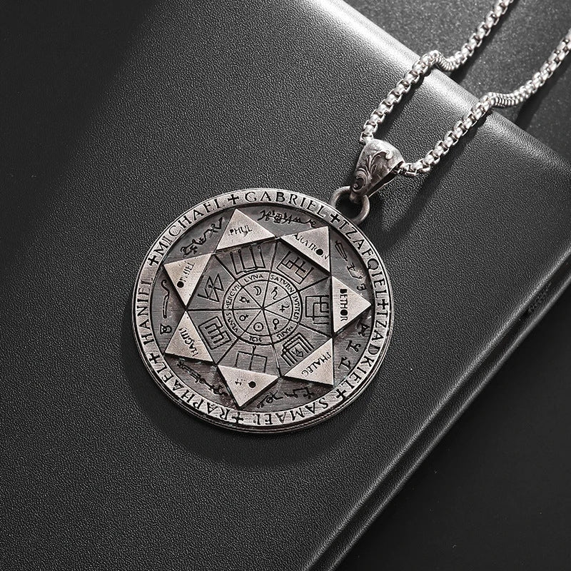 Seven Archangels Pendant – Front seal on black leather surface, edgy occult men pendant