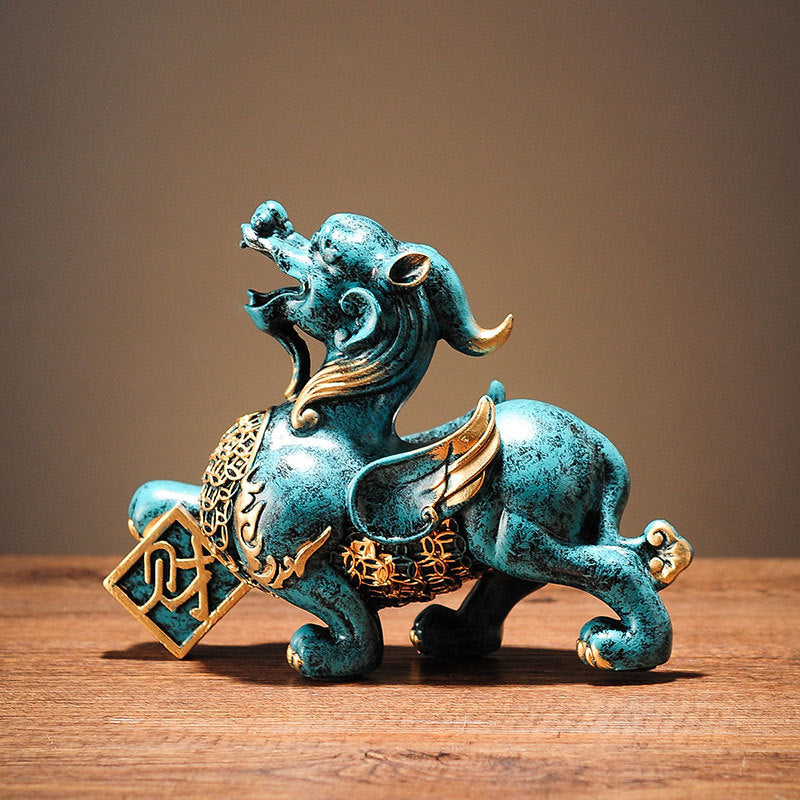 Pi Xiu Statue – Single teal side profile with wealth plaque, Feng Shui decor