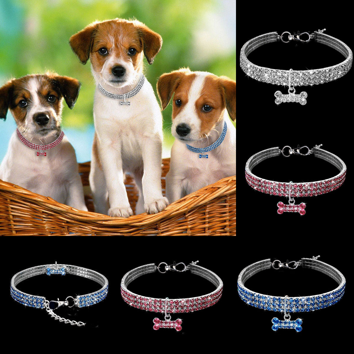 Rhinestone Elastic Pet Collar Set – 3 color variants with bone charm, puppies in basket, stretchy bling dog collars